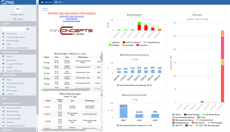 Screenshot von TNG dem Spa- und Wellnessmanagementsystem